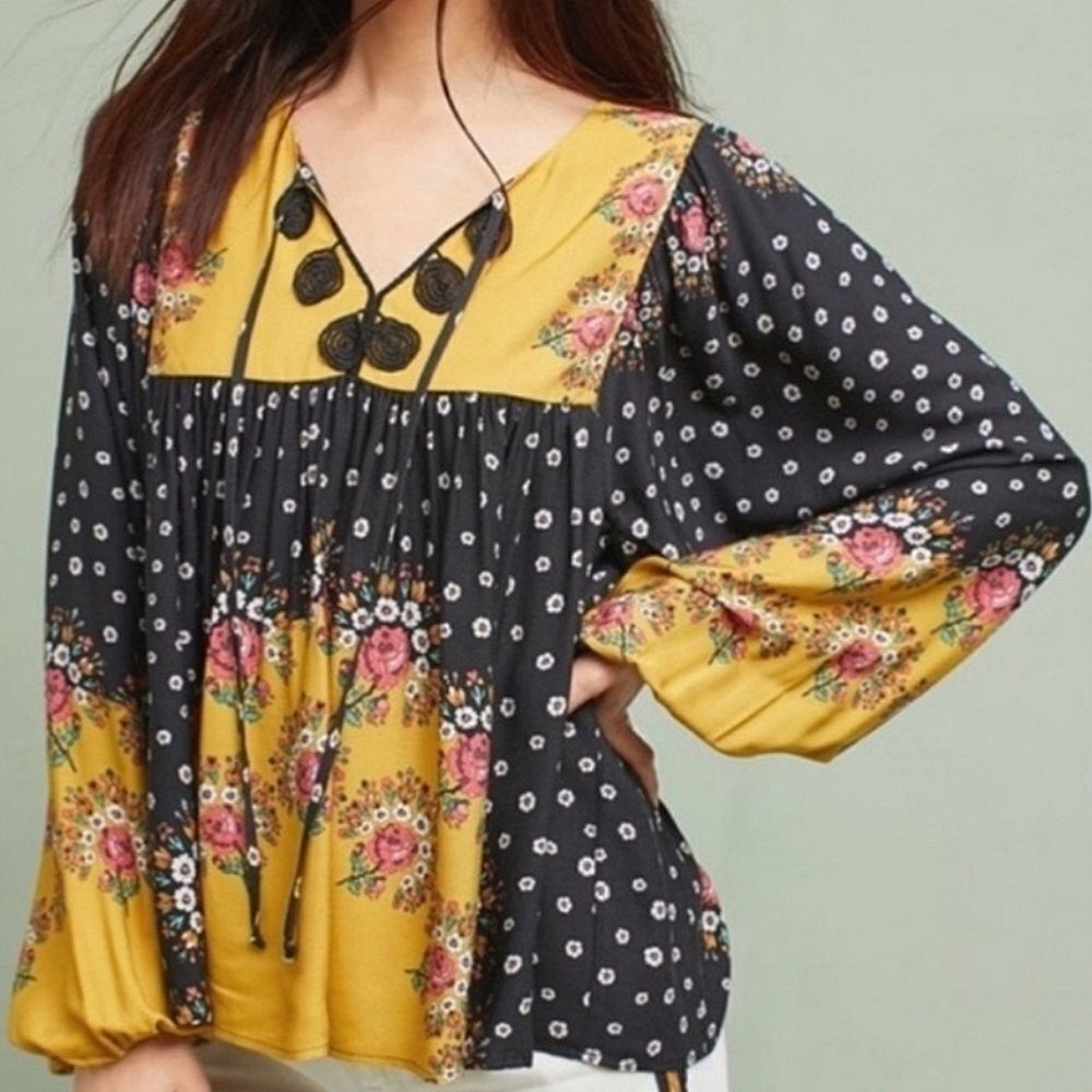 Farm Rio Intarsia Yellow and Black Floral Boho Long Sleeve Peasant Blouse